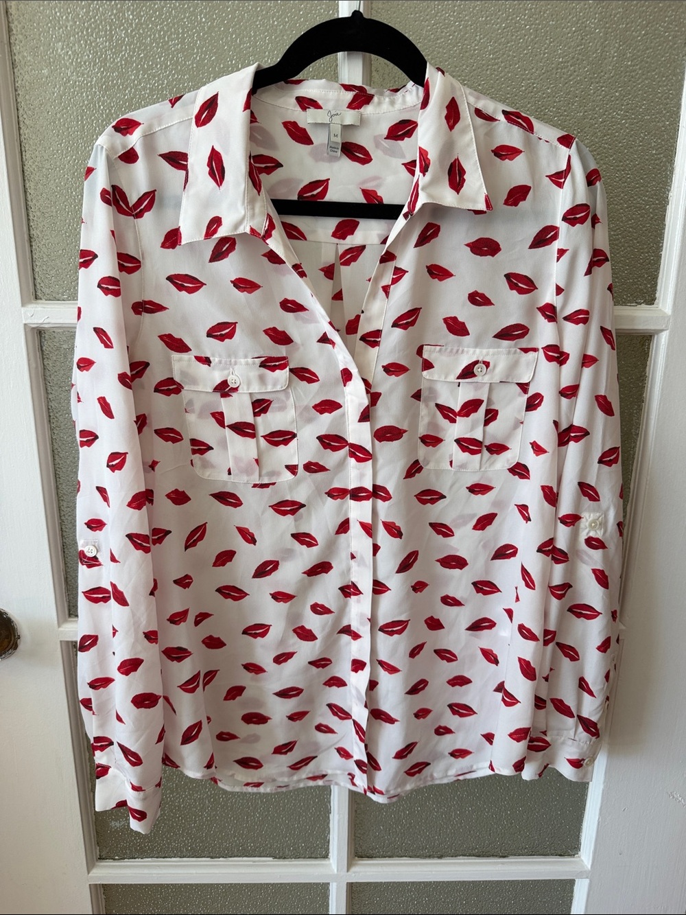 Joie White Button-Down Shirt with Red Lip Print